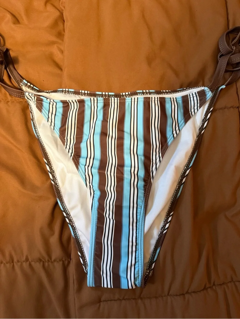 SHEIN blue, brown, and white vertically striped tie bikini bottoms Size 1XL